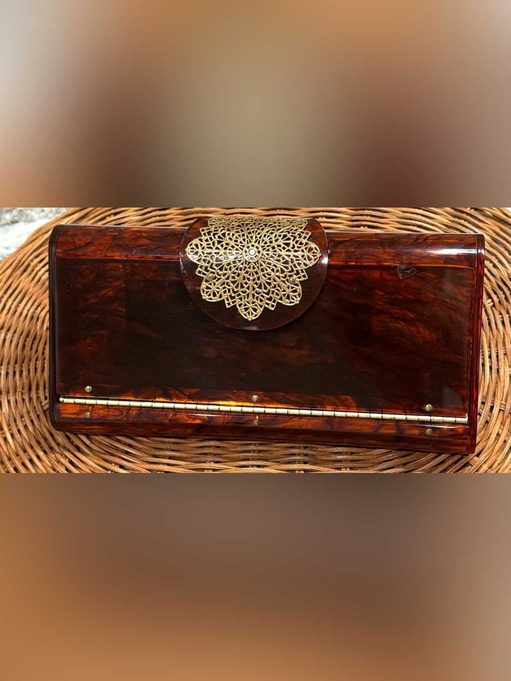 Vintage Wilardy Tortoise Lucite Clutch Purse Gold Filigree 1950s